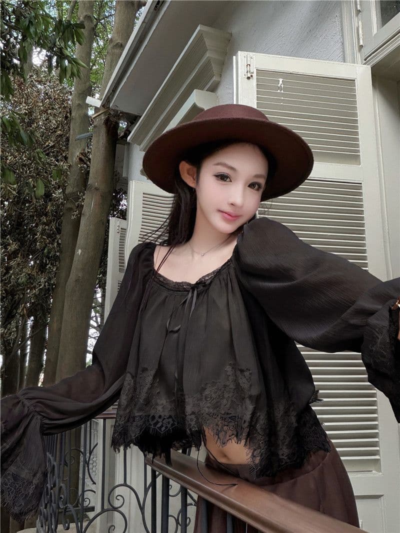 원본 품질 레이스 측면 패치워크 광장 칼라 나팔 긴팔 쉬폰 블라우스 가을 부드러운 쇼트 스타일 인형 셔츠 맨위 상세 이미지 21
