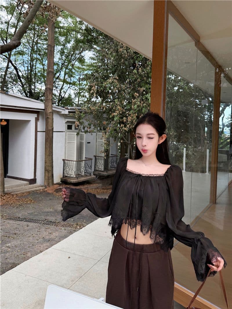 원본 품질 레이스 측면 패치워크 광장 칼라 나팔 긴팔 쉬폰 블라우스 가을 부드러운 쇼트 스타일 인형 셔츠 맨위 상세 이미지 22