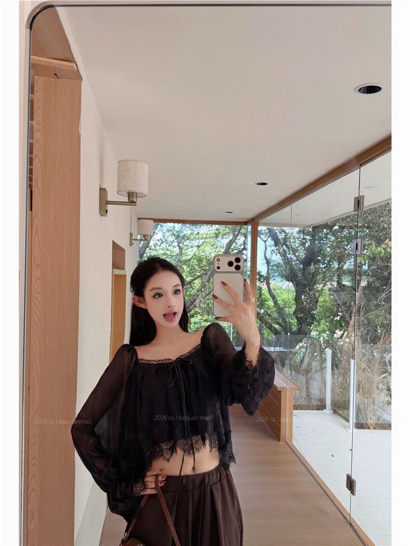 원본 품질 레이스 측면 패치워크 광장 칼라 나팔 긴팔 쉬폰 블라우스 가을 부드러운 쇼트 스타일 인형 셔츠 맨위 상세 이미지 24