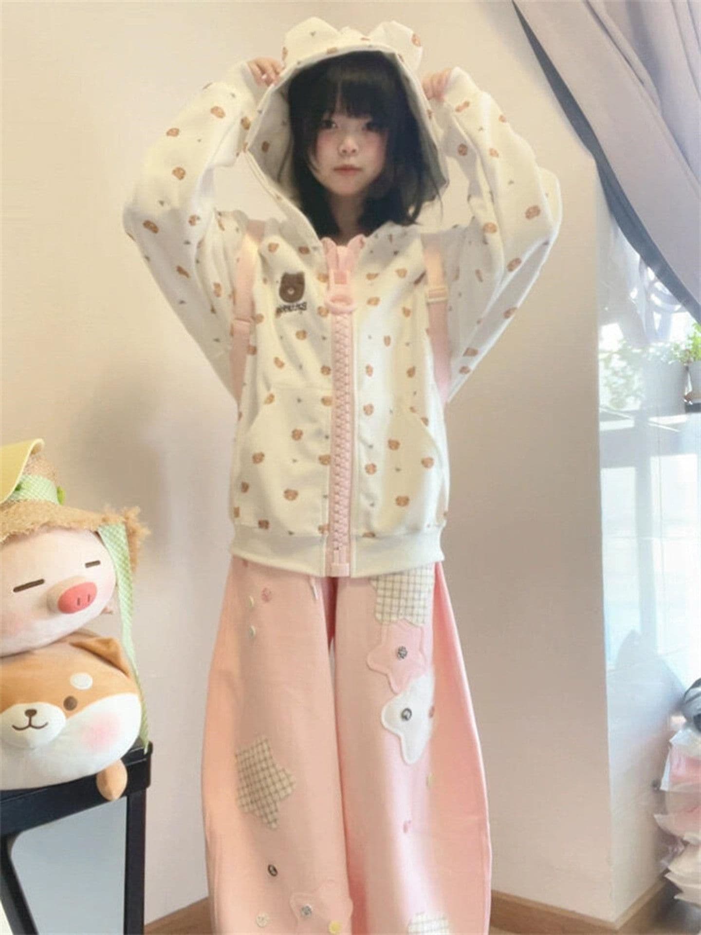 후아 면 복합 가을 살구 색상 여성 코트 아메리칸 만화 작은 곰 알파벳 지퍼 오픈 가디건 후드티 상세 이미지 2