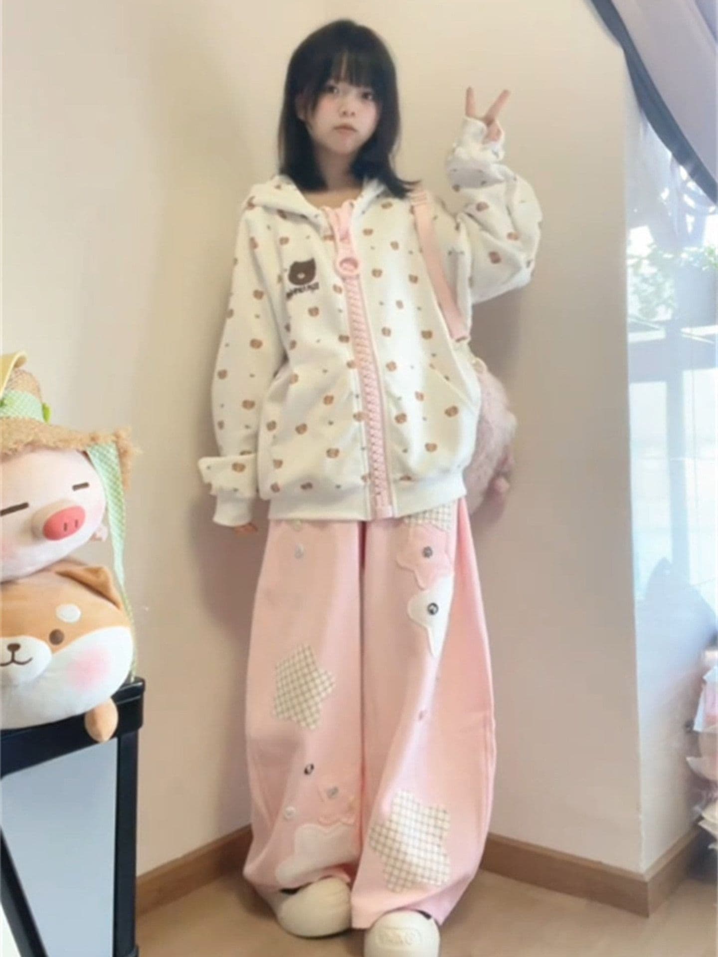 후아 면 복합 가을 살구 색상 여성 코트 아메리칸 만화 작은 곰 알파벳 지퍼 오픈 가디건 후드티 상세 이미지 8