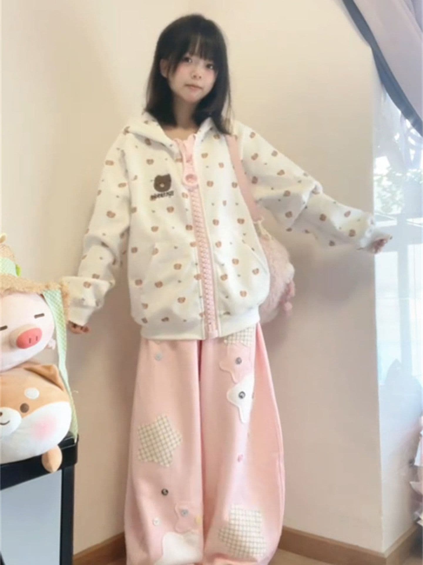 후아 면 복합 가을 살구 색상 여성 코트 아메리칸 만화 작은 곰 알파벳 지퍼 오픈 가디건 후드티 상세 이미지 11