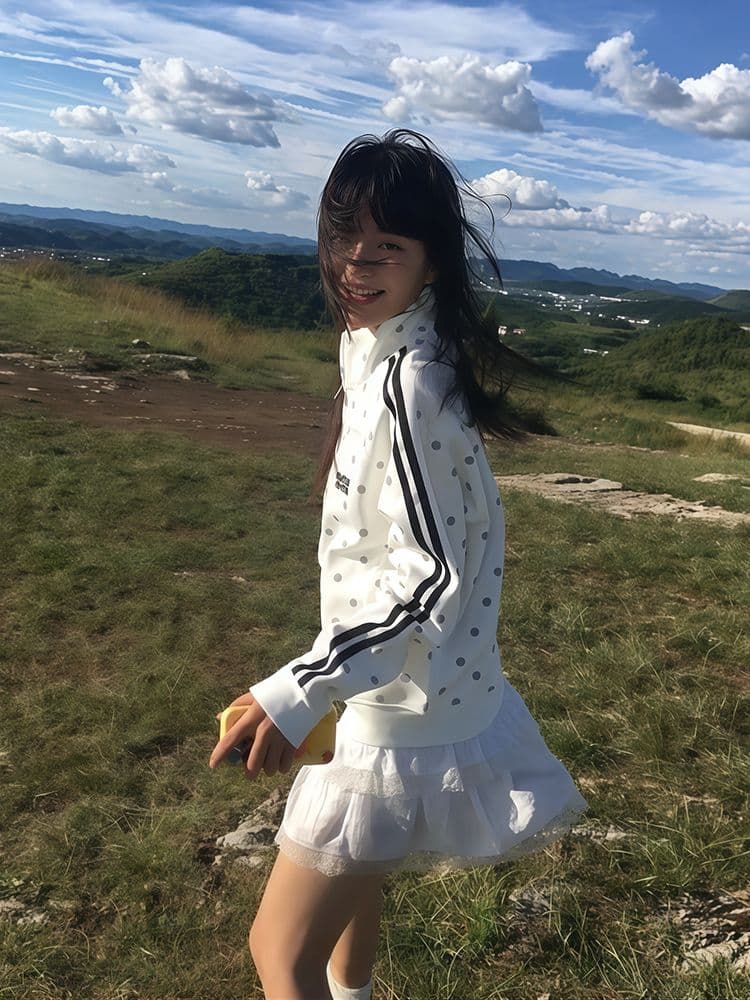 후아 면 복합 아메리칸 레트로 도트 무늬 스탠드 칼라 후드티 여성 2026 가을 지퍼 재킷 맨위 상세 이미지 3