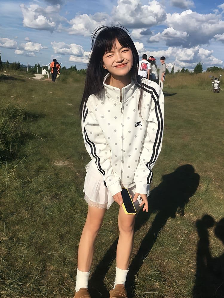 후아 면 복합 아메리칸 레트로 도트 무늬 스탠드 칼라 후드티 여성 2026 가을 지퍼 재킷 맨위 상세 이미지 8