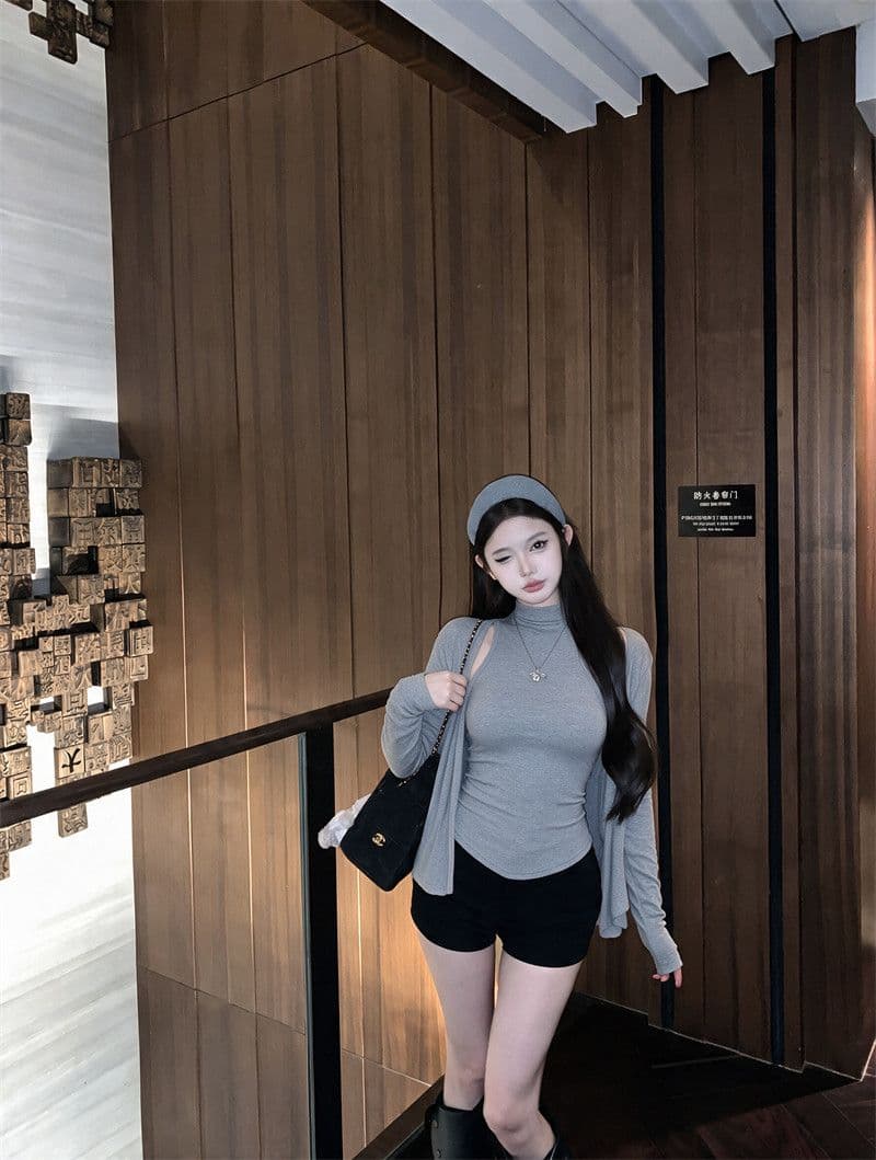 양모 섹시함 순수한 욕망 착용 가져 가라. 세트 반하이넥 조끼 긴팔 티셔츠 오픈 가디건 여성 조기 가을 맨위 투피스 세트 이미지 4