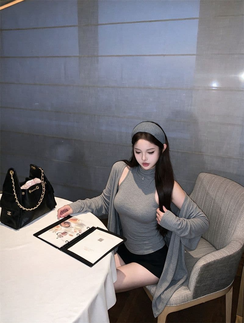 양모 섹시함 순수한 욕망 착용 가져 가라. 세트 반하이넥 조끼 긴팔 티셔츠 오픈 가디건 여성 조기 가을 맨위 투피스 세트 이미지 3