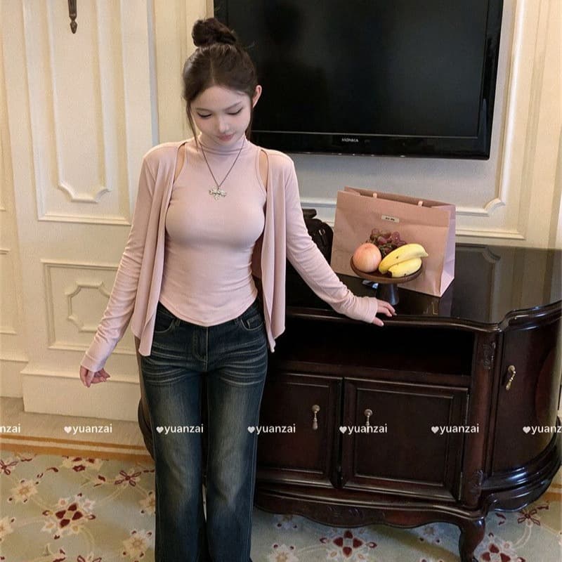 양모 섹시함 순수한 욕망 착용 가져 가라. 세트 반하이넥 조끼 긴팔 티셔츠 오픈 가디건 여성 조기 가을 맨위 투피스 세트 이미지 5