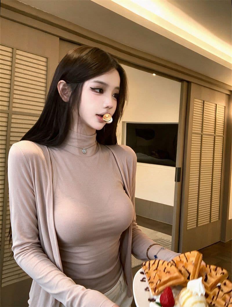 양모 섹시함 순수한 욕망 착용 가져 가라. 세트 반하이넥 조끼 긴팔 티셔츠 오픈 가디건 여성 조기 가을 맨위 투피스 세트 상세 이미지 1