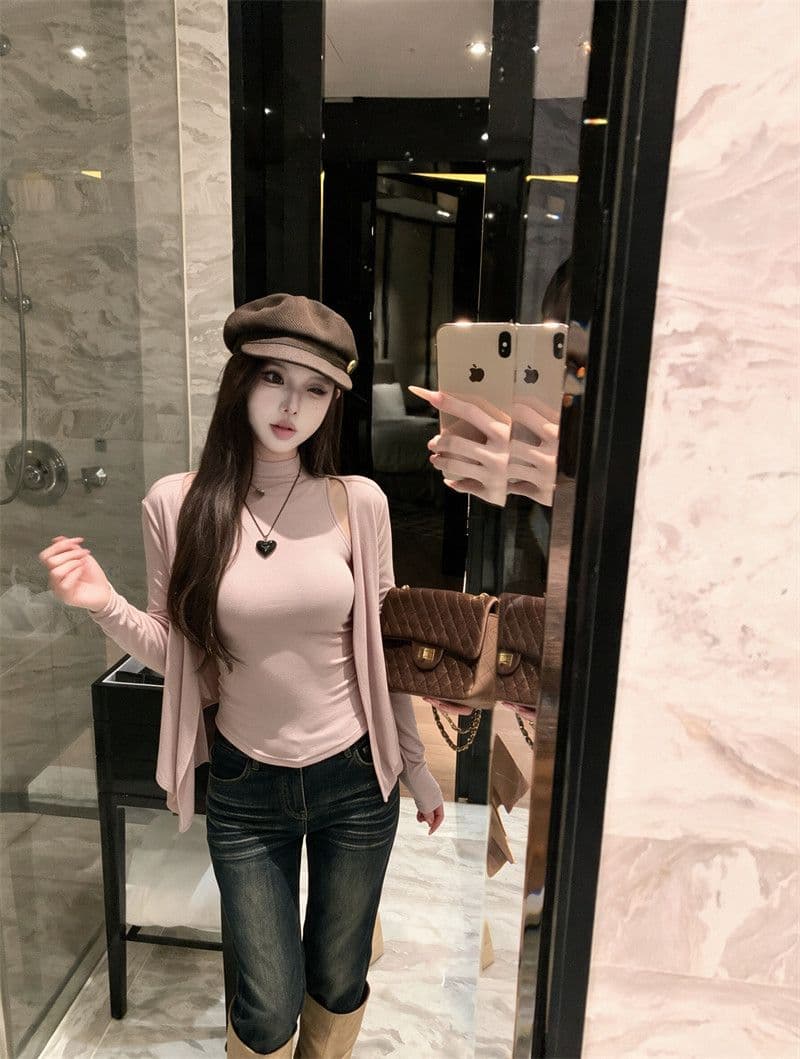 양모 섹시함 순수한 욕망 착용 가져 가라. 세트 반하이넥 조끼 긴팔 티셔츠 오픈 가디건 여성 조기 가을 맨위 투피스 세트 상세 이미지 3