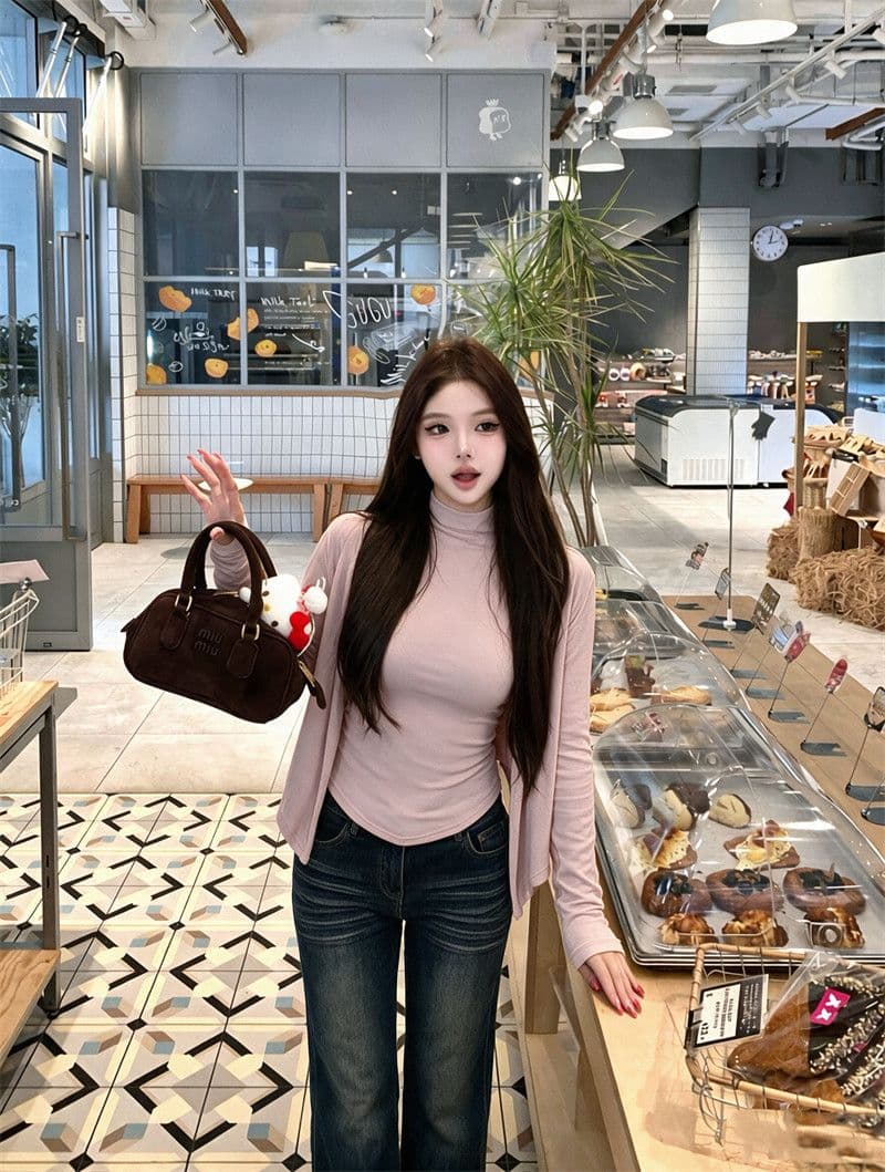양모 섹시함 순수한 욕망 착용 가져 가라. 세트 반하이넥 조끼 긴팔 티셔츠 오픈 가디건 여성 조기 가을 맨위 투피스 세트 상세 이미지 5