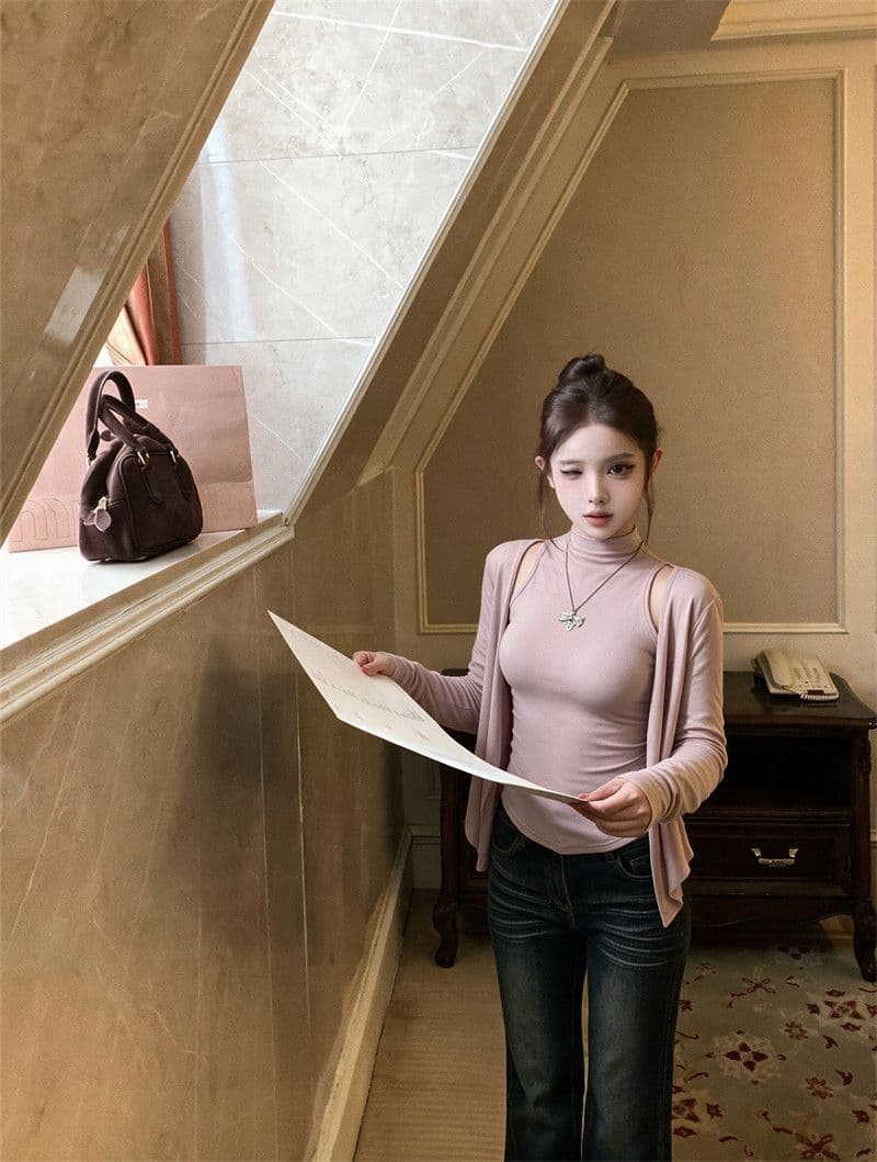 양모 섹시함 순수한 욕망 착용 가져 가라. 세트 반하이넥 조끼 긴팔 티셔츠 오픈 가디건 여성 조기 가을 맨위 투피스 세트 상세 이미지 6