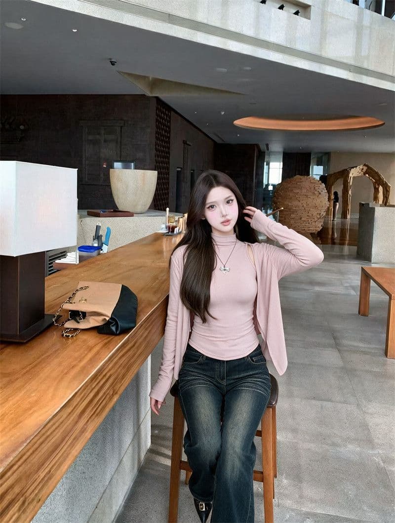 양모 섹시함 순수한 욕망 착용 가져 가라. 세트 반하이넥 조끼 긴팔 티셔츠 오픈 가디건 여성 조기 가을 맨위 투피스 세트 상세 이미지 7