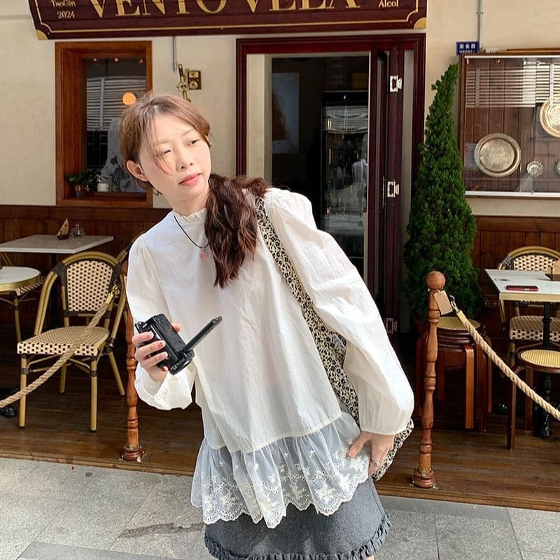 면 달콤함 레이스 조각 거품 소매 레이스 칼라 여성 셔츠 가을 패션 연령 감소 루즈핏 치마 맨위