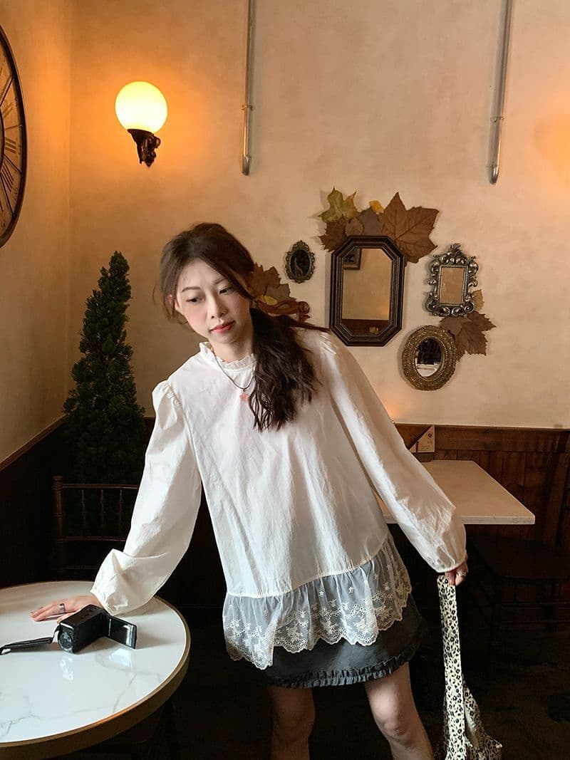 면 달콤함 레이스 조각 거품 소매 레이스 칼라 여성 셔츠 가을 패션 연령 감소 루즈핏 치마 맨위 상세 이미지 4