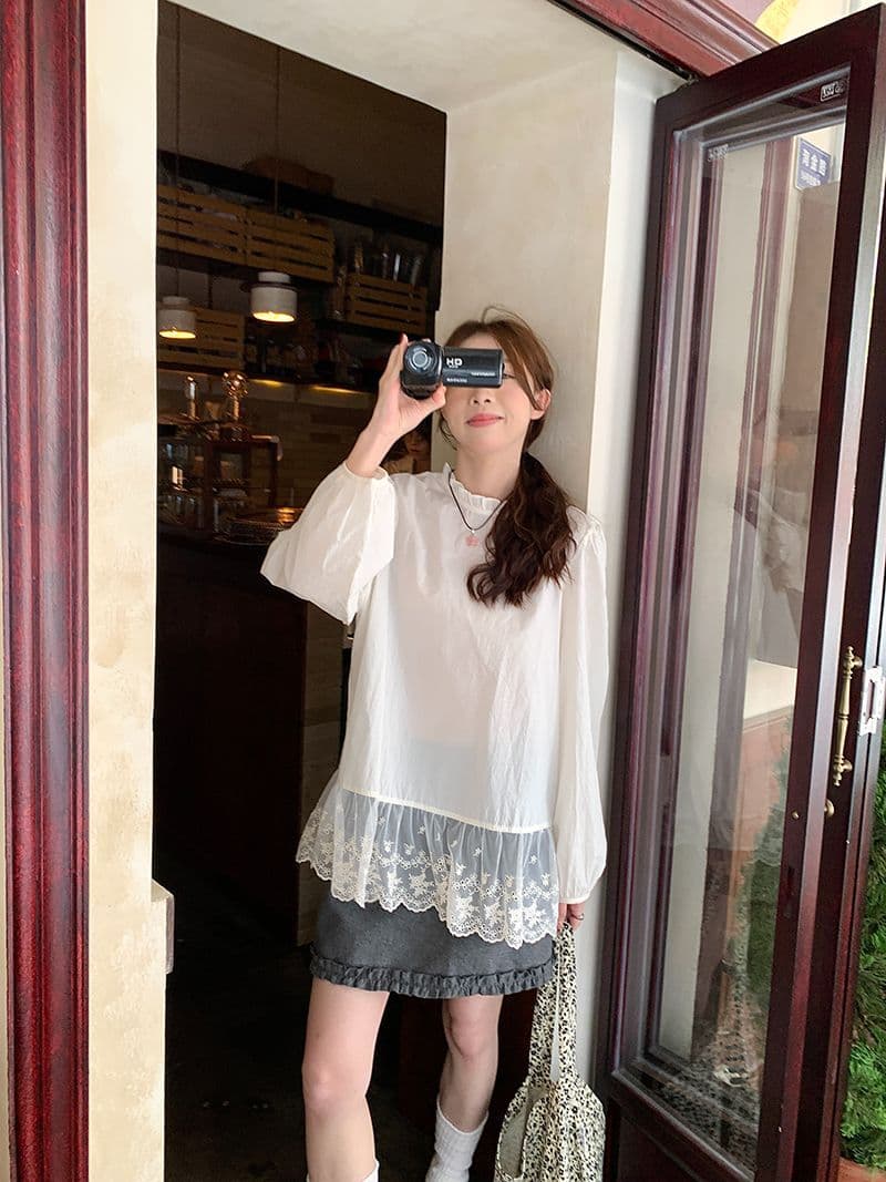 면 달콤함 레이스 조각 거품 소매 레이스 칼라 여성 셔츠 가을 패션 연령 감소 루즈핏 치마 맨위 상세 이미지 5