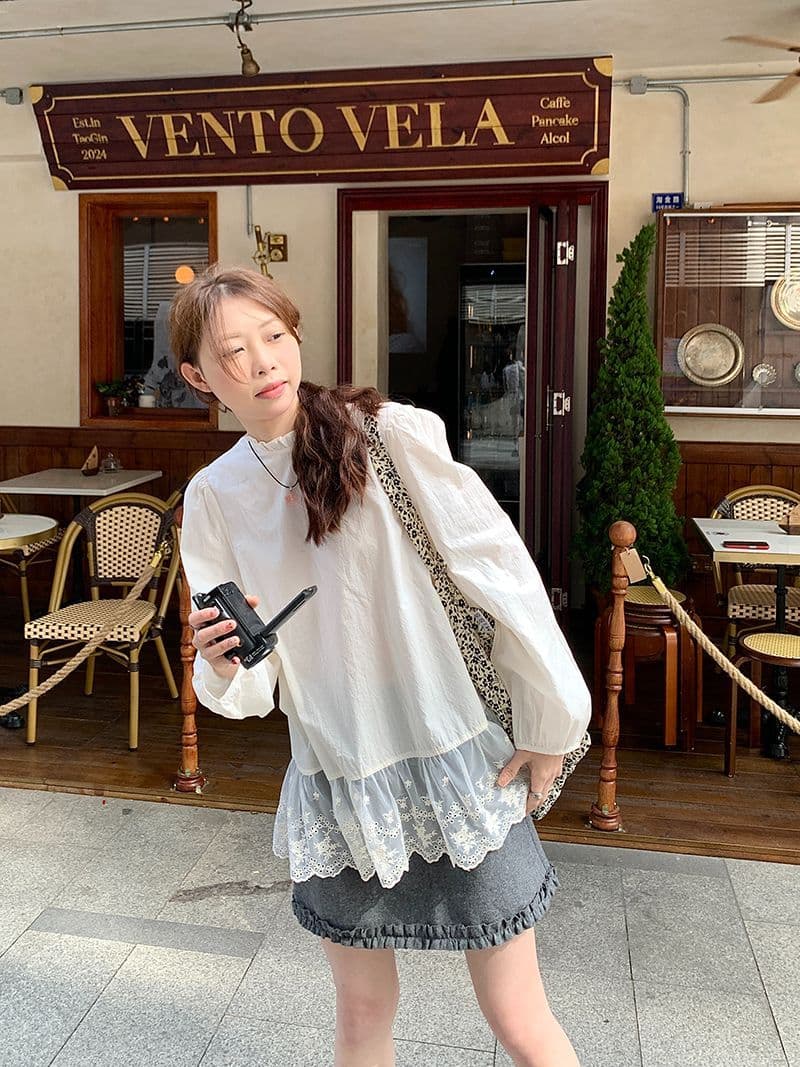 면 달콤함 레이스 조각 거품 소매 레이스 칼라 여성 셔츠 가을 패션 연령 감소 루즈핏 치마 맨위 상세 이미지 7