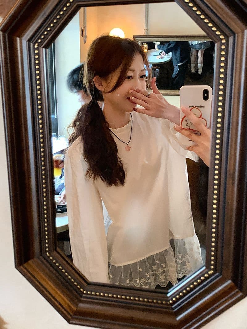 면 달콤함 레이스 조각 거품 소매 레이스 칼라 여성 셔츠 가을 패션 연령 감소 루즈핏 치마 맨위 상세 이미지 8