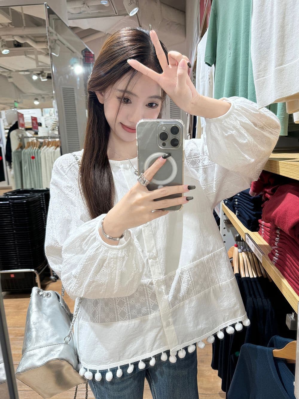 면 달콤함 부드러운 바람 라운드 넥 긴팔 여성 셔츠 가을 디자인 센스 품격 레이스 인형 셔츠 화이트 맨위 이미지 4