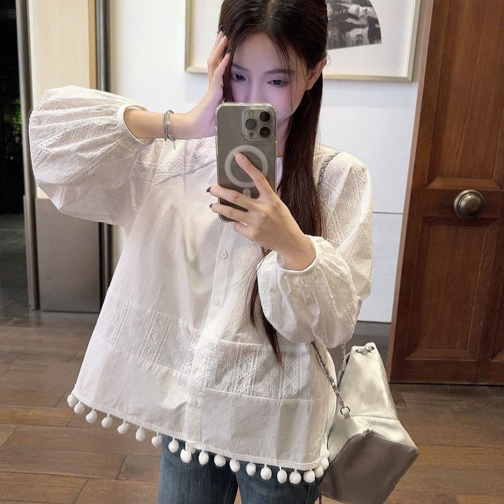 면 달콤함 부드러운 바람 라운드 넥 긴팔 여성 셔츠 가을 디자인 센스 품격 레이스 인형 셔츠 화이트 맨위 이미지 5