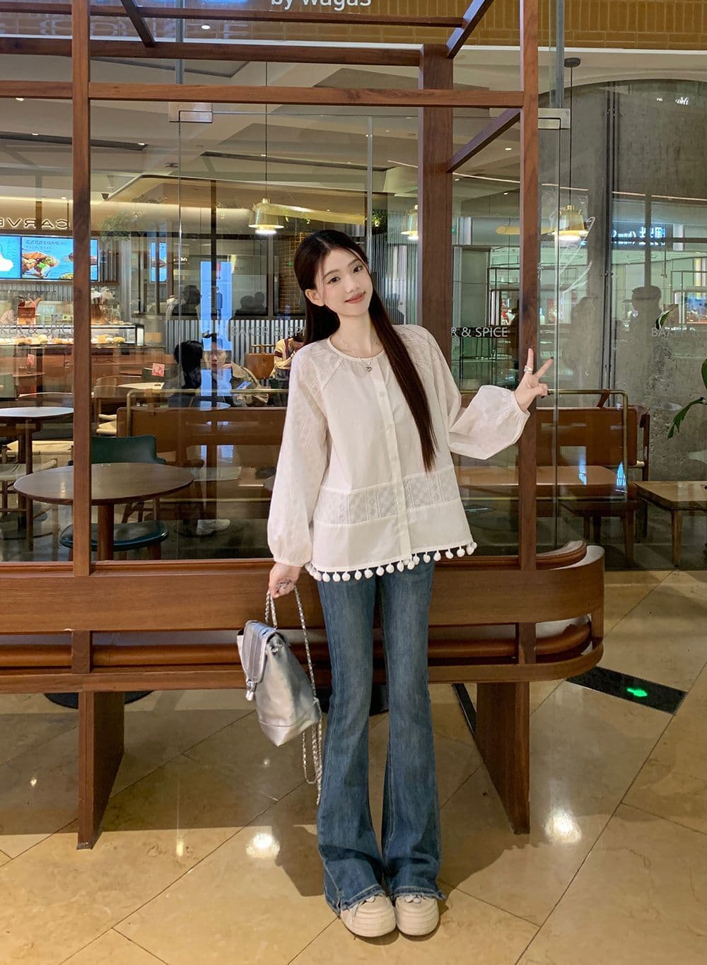 면 달콤함 부드러운 바람 라운드 넥 긴팔 여성 셔츠 가을 디자인 센스 품격 레이스 인형 셔츠 화이트 맨위 상세 이미지 2