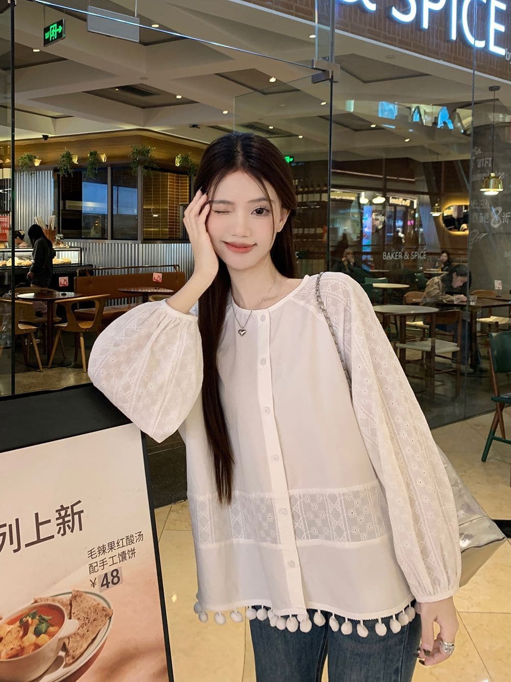 면 달콤함 부드러운 바람 라운드 넥 긴팔 여성 셔츠 가을 디자인 센스 품격 레이스 인형 셔츠 화이트 맨위 상세 이미지 3