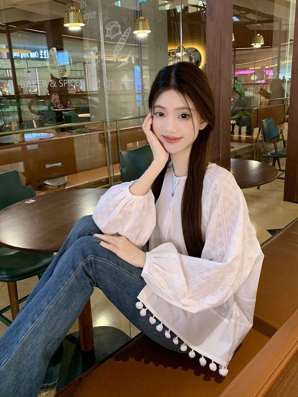 면 달콤함 부드러운 바람 라운드 넥 긴팔 여성 셔츠 가을 디자인 센스 품격 레이스 인형 셔츠 화이트 맨위 상세 이미지 5