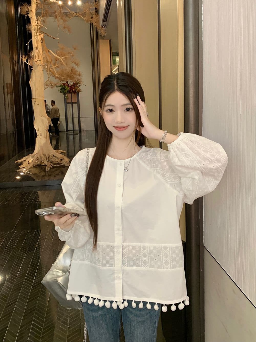 면 달콤함 부드러운 바람 라운드 넥 긴팔 여성 셔츠 가을 디자인 센스 품격 레이스 인형 셔츠 화이트 맨위 상세 이미지 7
