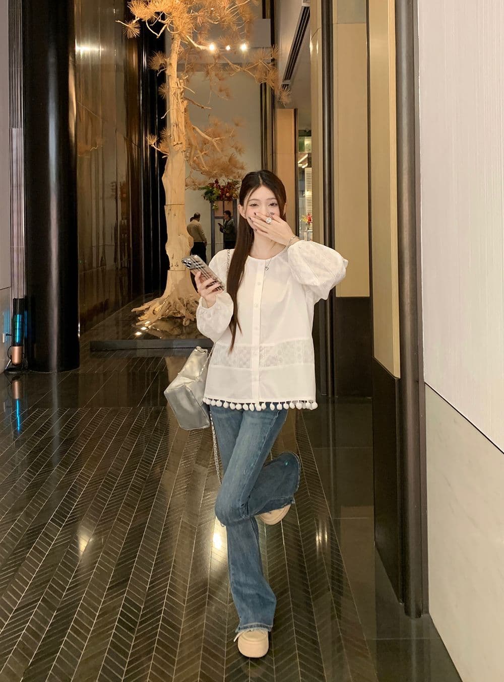 면 달콤함 부드러운 바람 라운드 넥 긴팔 여성 셔츠 가을 디자인 센스 품격 레이스 인형 셔츠 화이트 맨위 상세 이미지 8