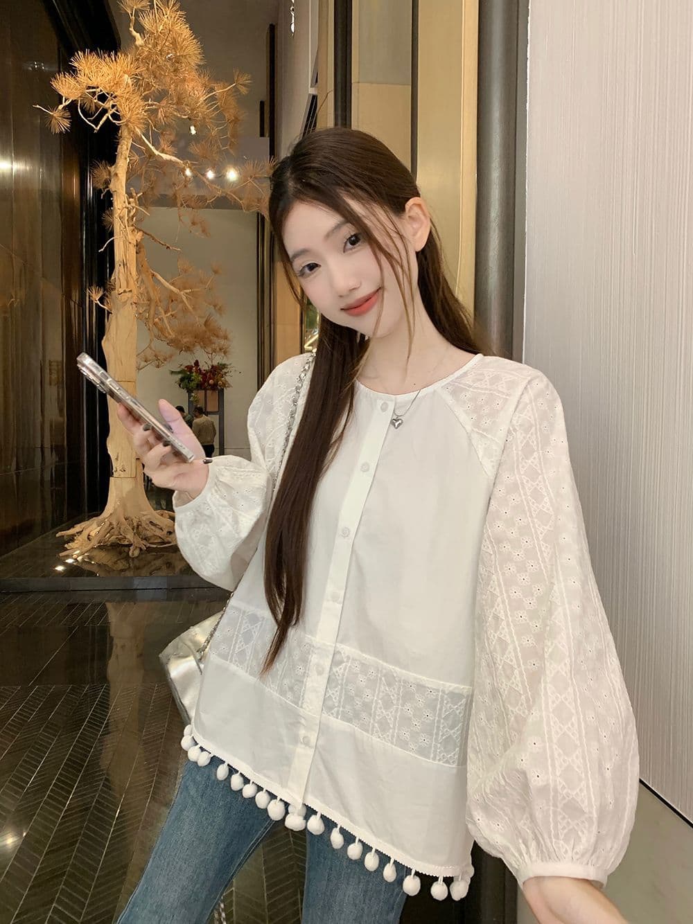 면 달콤함 부드러운 바람 라운드 넥 긴팔 여성 셔츠 가을 디자인 센스 품격 레이스 인형 셔츠 화이트 맨위 상세 이미지 9