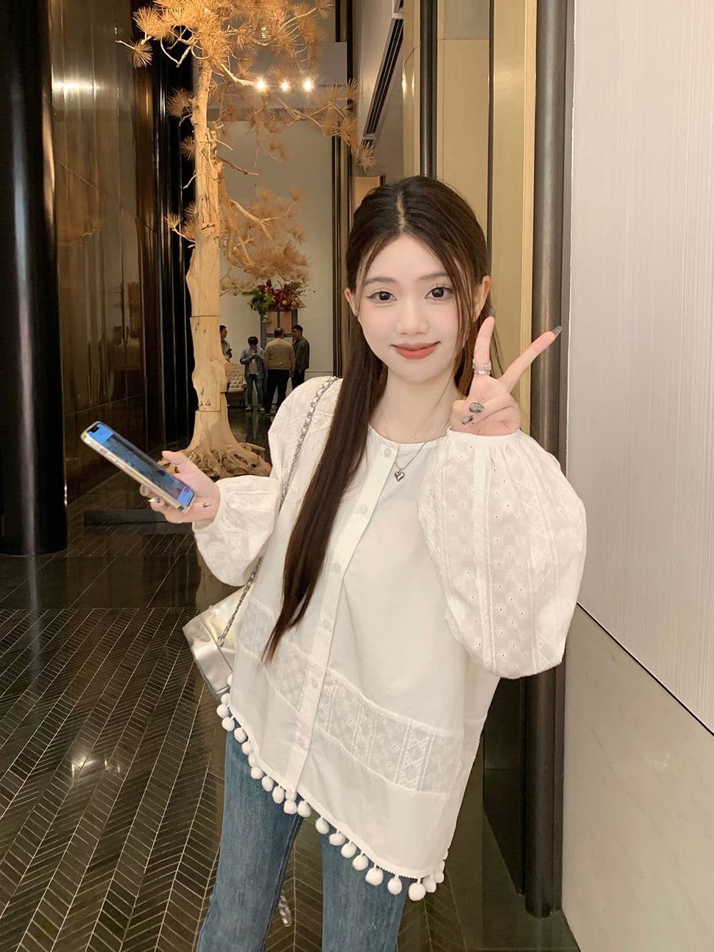 면 달콤함 부드러운 바람 라운드 넥 긴팔 여성 셔츠 가을 디자인 센스 품격 레이스 인형 셔츠 화이트 맨위 상세 이미지 10