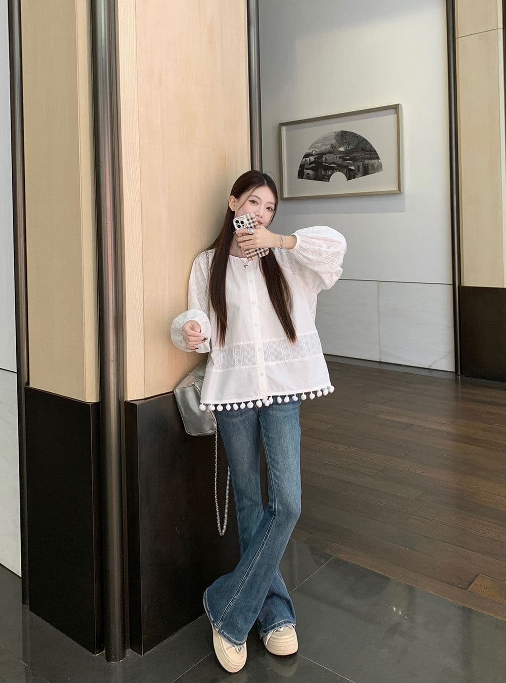 면 달콤함 부드러운 바람 라운드 넥 긴팔 여성 셔츠 가을 디자인 센스 품격 레이스 인형 셔츠 화이트 맨위 상세 이미지 14
