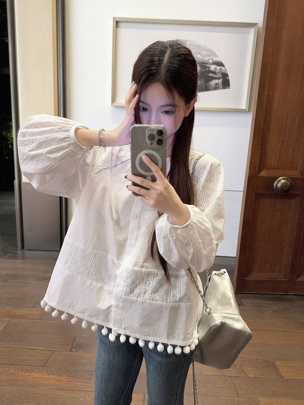 면 달콤함 부드러운 바람 라운드 넥 긴팔 여성 셔츠 가을 디자인 센스 품격 레이스 인형 셔츠 화이트 맨위 상세 이미지 15