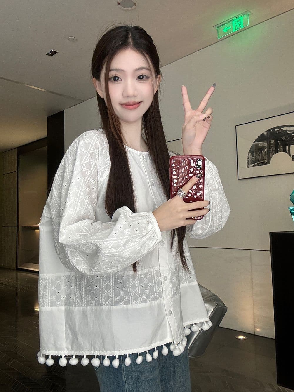 면 달콤함 부드러운 바람 라운드 넥 긴팔 여성 셔츠 가을 디자인 센스 품격 레이스 인형 셔츠 화이트 맨위 상세 이미지 16