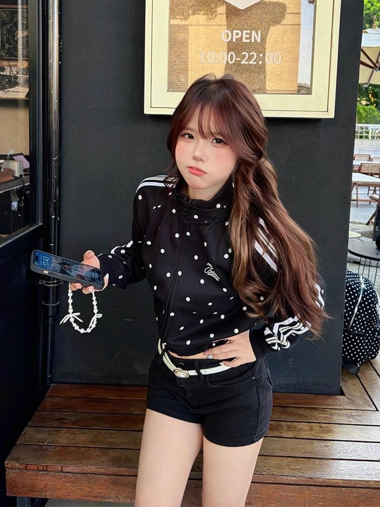 후아 면 복합 2026 이른 가을 오픈 가디건 맨위 아메리칸 레트로 도트 무늬 스탠드 칼라 후드티 여성 코트 이미지 2