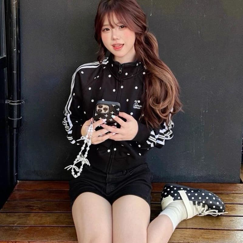 후아 면 복합 2026 이른 가을 오픈 가디건 맨위 아메리칸 레트로 도트 무늬 스탠드 칼라 후드티 여성 코트 이미지 5
