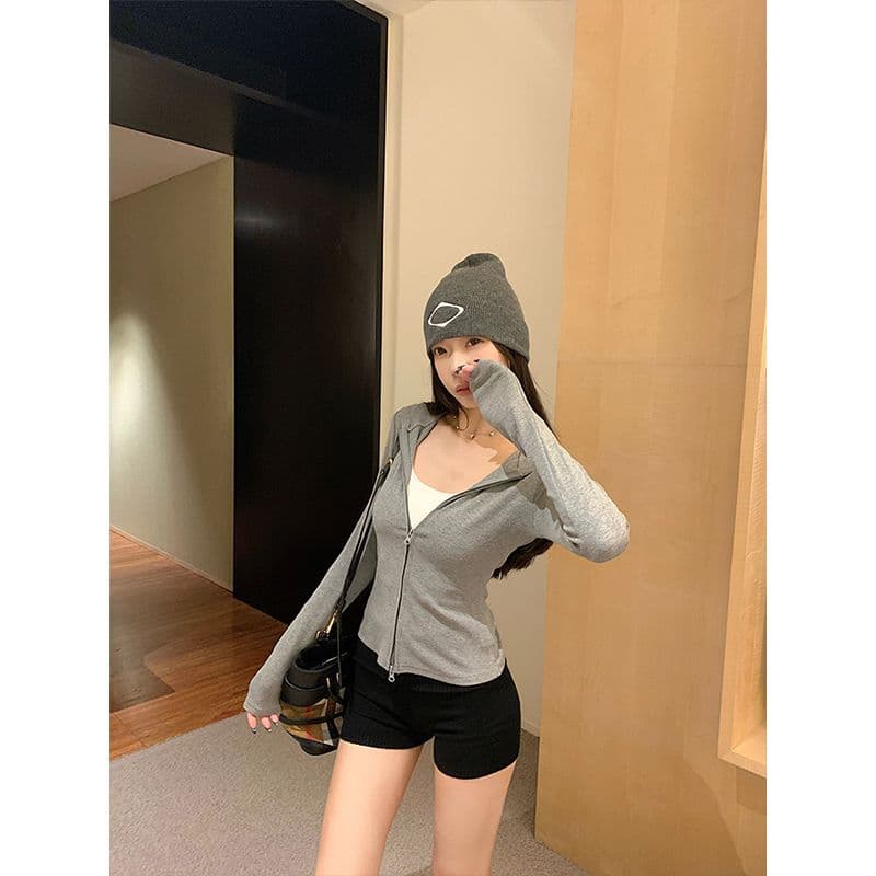 아메리칸 레트로 더블 지퍼 후드 티 스웨터 가을 새로운 긴팔 맨위 몸매 가꾸기 슬림해 보이는 오픈 가디건 여성 코트 상세 이미지 11