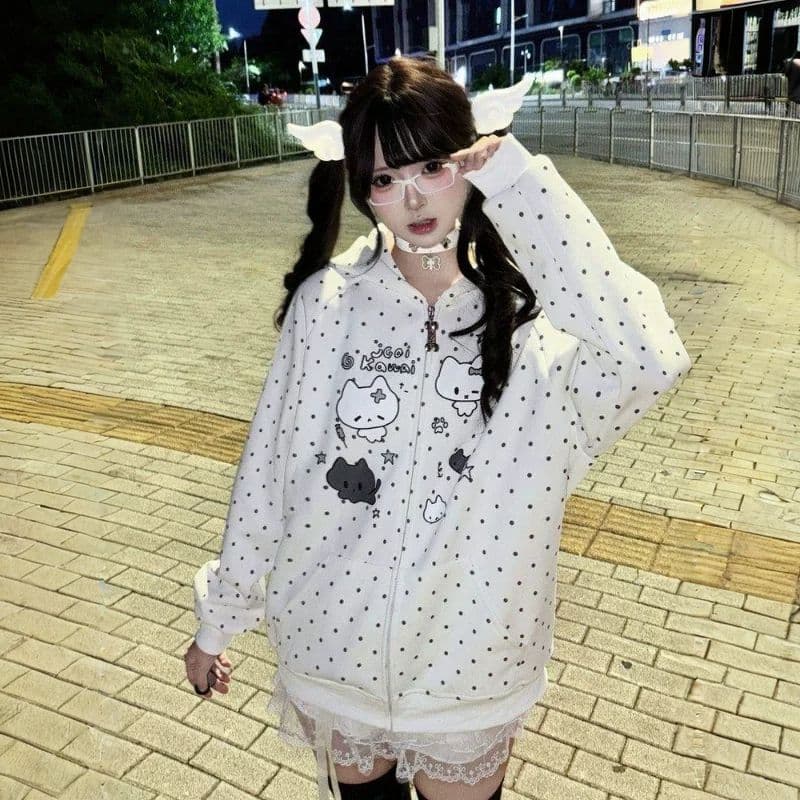 일본식 귀여운 만화 고양이 귀 후드 티 스웨터 오픈 가디건 남녀 가을 루즈핏 하우스 멩 전체 인쇄 도트 무늬 재킷 이미지 3