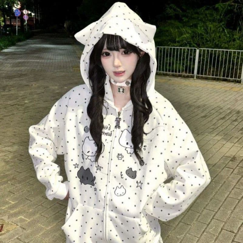 일본식 귀여운 만화 고양이 귀 후드 티 스웨터 오픈 가디건 남녀 가을 루즈핏 하우스 멩 전체 인쇄 도트 무늬 재킷