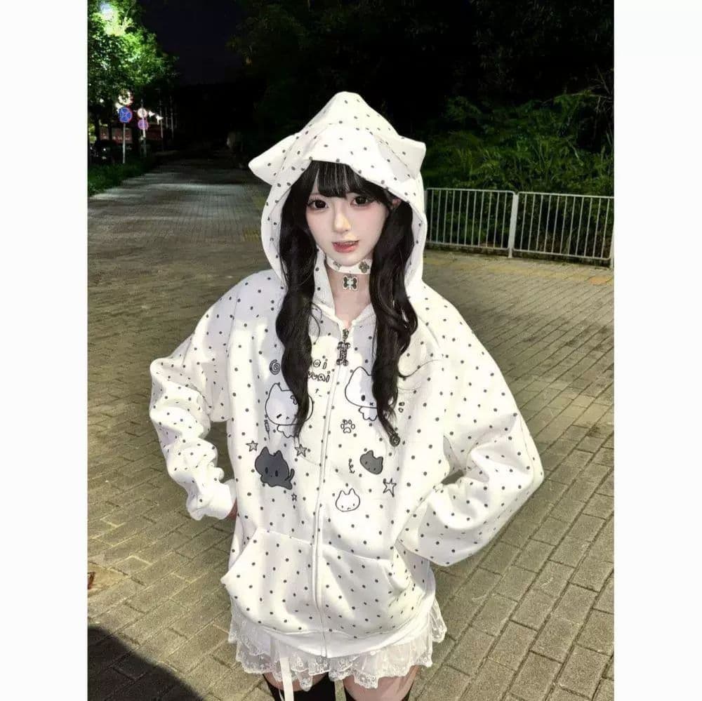 일본식 귀여운 만화 고양이 귀 후드 티 스웨터 오픈 가디건 남녀 가을 루즈핏 하우스 멩 전체 인쇄 도트 무늬 재킷 상세 이미지 2