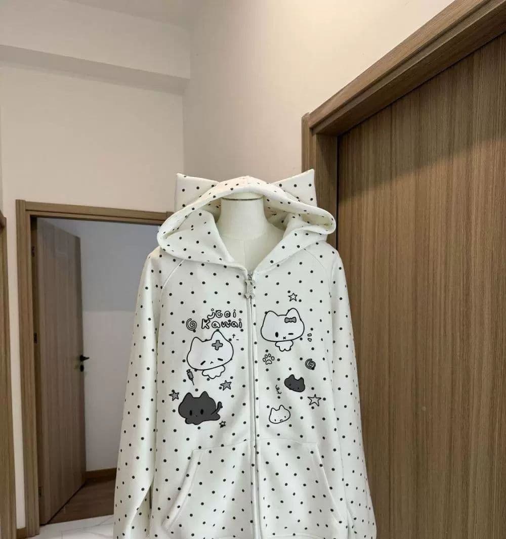 일본식 귀여운 만화 고양이 귀 후드 티 스웨터 오픈 가디건 남녀 가을 루즈핏 하우스 멩 전체 인쇄 도트 무늬 재킷 상세 이미지 5
