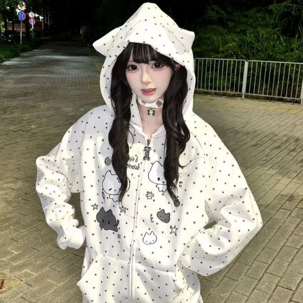 일본식 귀여운 만화 고양이 귀 후드 티 스웨터 오픈 가디건 남녀 가을 루즈핏 하우스 멩 전체 인쇄 도트 무늬 재킷 상세 이미지 8