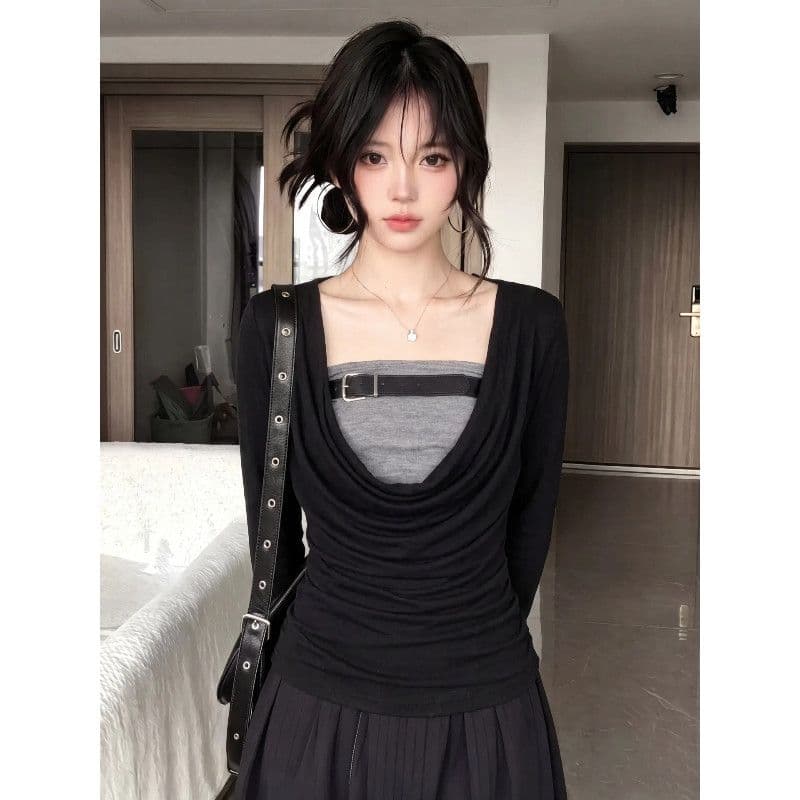 와 사고 방식 한 부서 페이크 레이어드 긴팔 티셔츠 여성 조기 가을 절묘한 품격 작은 대중 몸매 가꾸기 슬림해 보이는 맨위