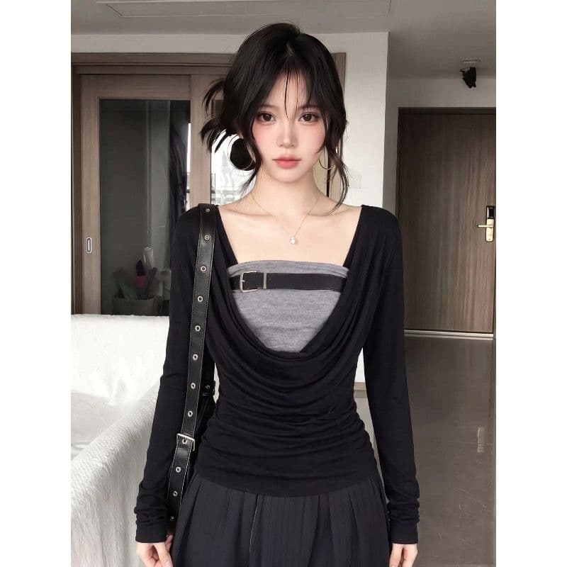 와 사고 방식 한 부서 페이크 레이어드 긴팔 티셔츠 여성 조기 가을 절묘한 품격 작은 대중 몸매 가꾸기 슬림해 보이는 맨위 상세 이미지 5