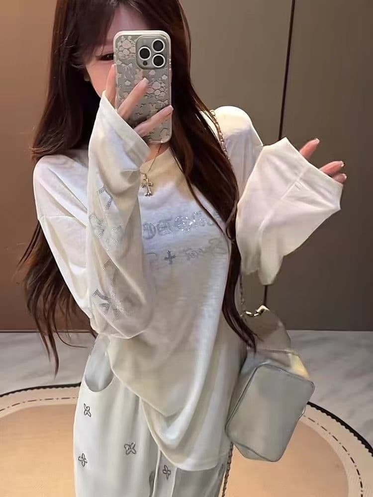 165 그램 눈꽃 면 산스크리트어 십자가 무거운 작업 핫픽스 얇은 스타일 긴팔 티셔츠 루즈핏 슬림해 보이는 디자인 센스 태양 보호 셔츠