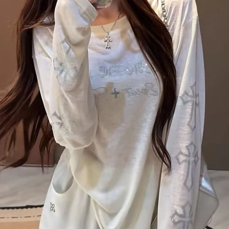 165 그램 눈꽃 면 산스크리트어 십자가 무거운 작업 핫픽스 얇은 스타일 긴팔 티셔츠 루즈핏 슬림해 보이는 디자인 센스 태양 보호 셔츠 이미지 5