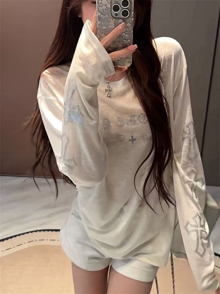165 그램 눈꽃 면 산스크리트어 십자가 무거운 작업 핫픽스 얇은 스타일 긴팔 티셔츠 루즈핏 슬림해 보이는 디자인 센스 태양 보호 셔츠 상세 이미지 3