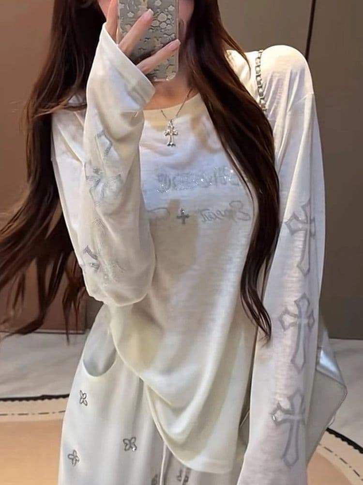 165 그램 눈꽃 면 산스크리트어 십자가 무거운 작업 핫픽스 얇은 스타일 긴팔 티셔츠 루즈핏 슬림해 보이는 디자인 센스 태양 보호 셔츠 상세 이미지 4