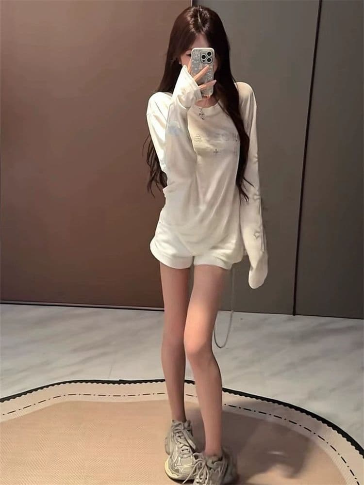 165 그램 눈꽃 면 산스크리트어 십자가 무거운 작업 핫픽스 얇은 스타일 긴팔 티셔츠 루즈핏 슬림해 보이는 디자인 센스 태양 보호 셔츠 상세 이미지 5