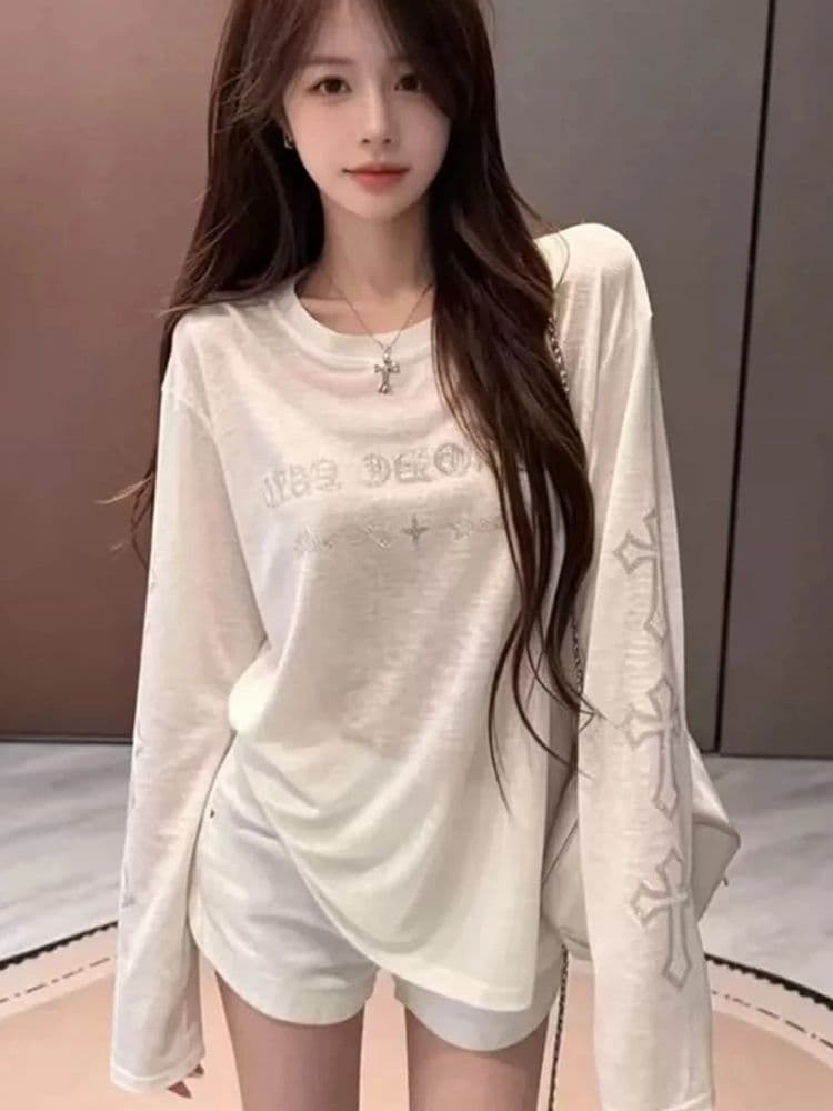 165 그램 눈꽃 면 산스크리트어 십자가 무거운 작업 핫픽스 얇은 스타일 긴팔 티셔츠 루즈핏 슬림해 보이는 디자인 센스 태양 보호 셔츠 상세 이미지 6