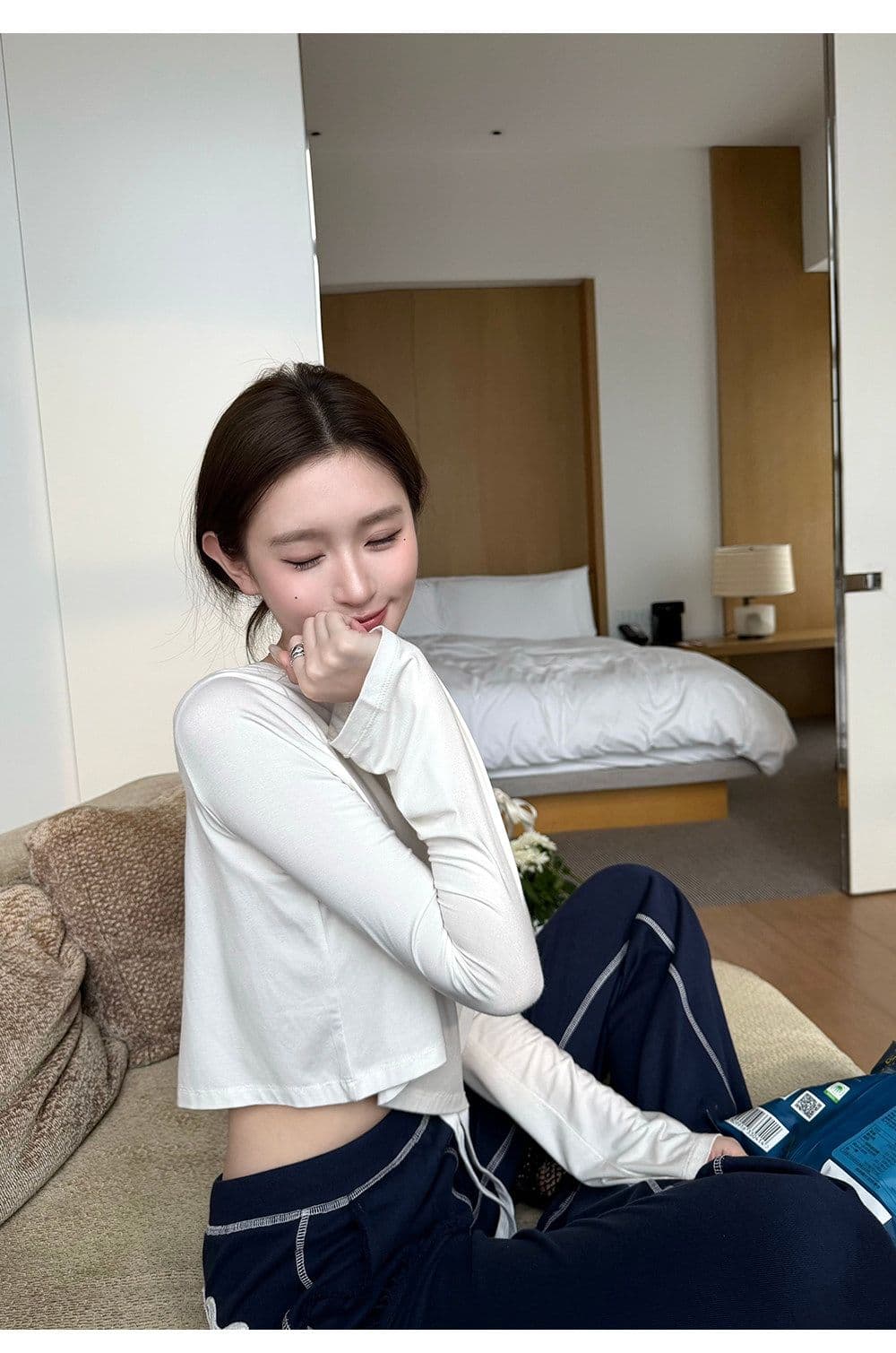 원본 사람들 면 260 그램 산소 센스 티셔츠 불규칙 오프숄더 핫걸 쇼트 스타일 도루 센스 긴팔 맨위 이미지 4